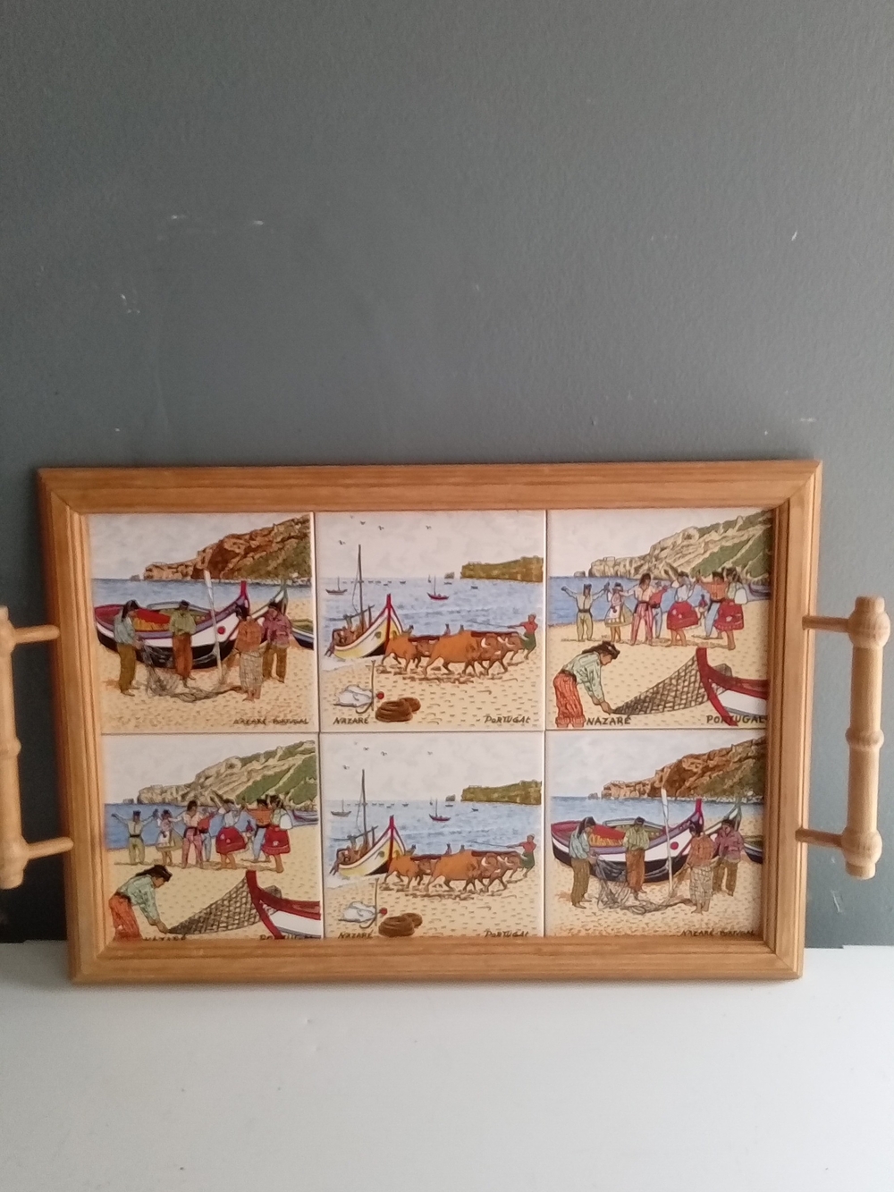 Wood-Handled Coastal Tile Serving Tray in Natural Wood